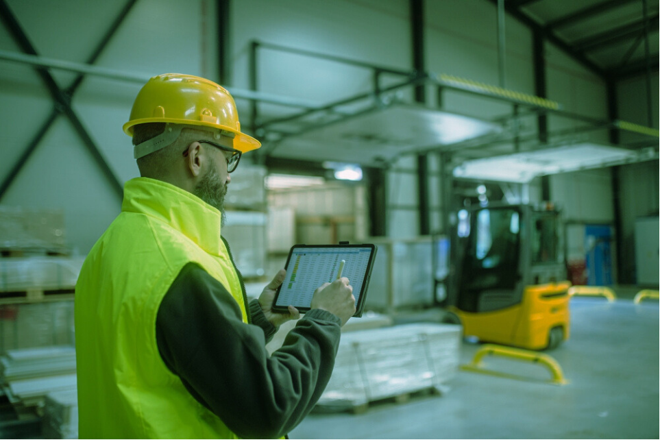 Shipping manager working though retail logistics, holding a tablet with spreadsheet inside warehouse