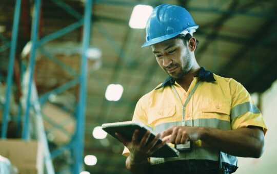 Man, tablet and warehouse inspection for supply chain, checklist or scroll for inventory management.